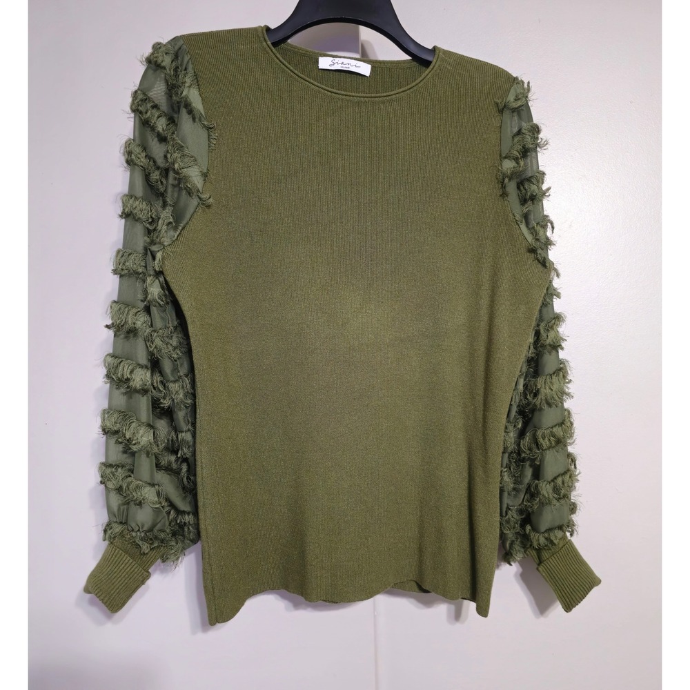 Siani Milano Olive Green Rib Knit Sweater Textured Sheer Sleeves‎ Size S/M EUC